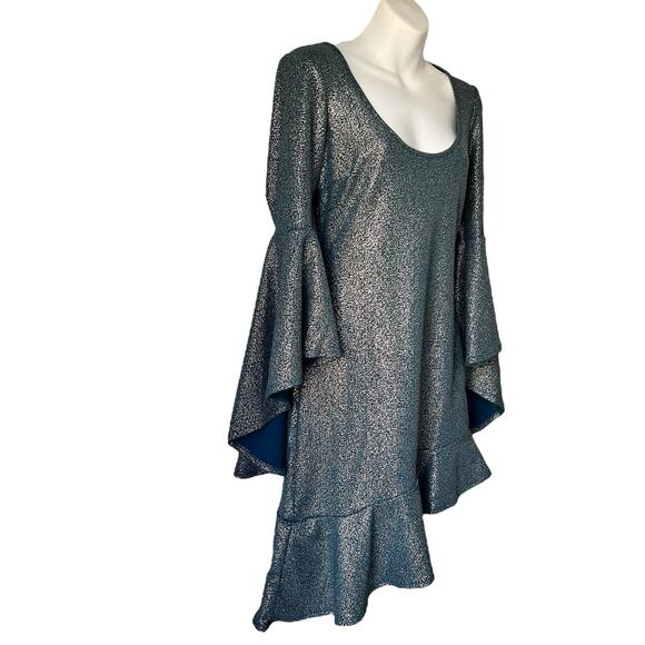Venus Party Dress Medium Teal & Metallic Gold Asymmetrical Flare Sleeve Holiday - Picture 14 of 16